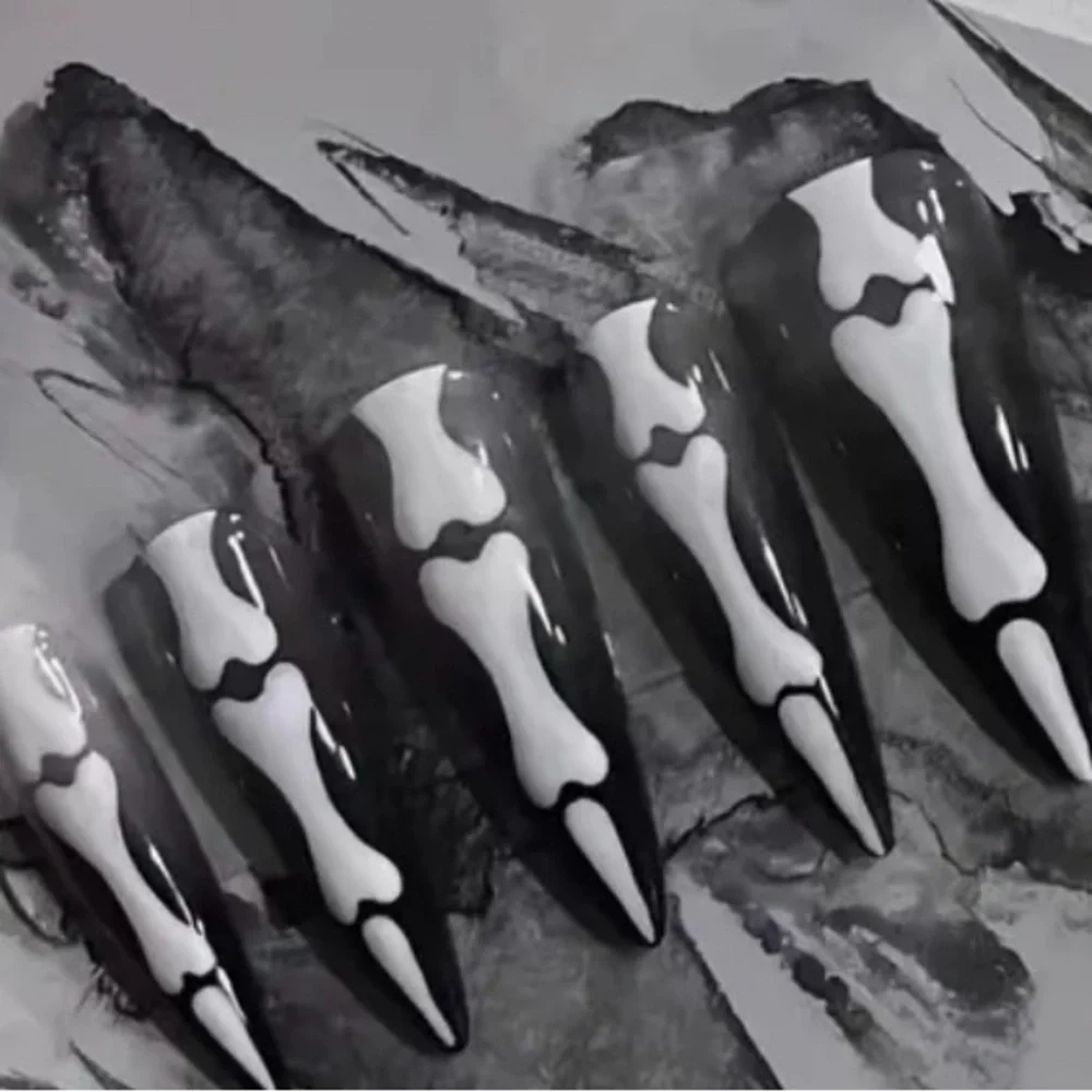New Black & White Skeleton Long Stiletto Nails Reusable Handmade Medium